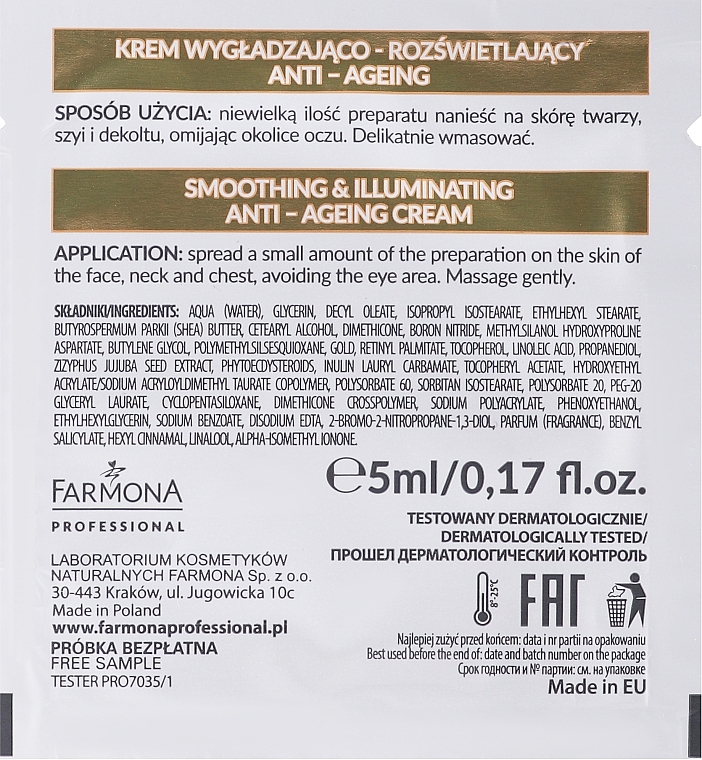 Zmiękczający i rozjaśniający krem do twarzy - Farmona Professional Retin Gold Smoothing & Illuminating Anti-Ageing Cream (próbka) — Zdjęcie N2