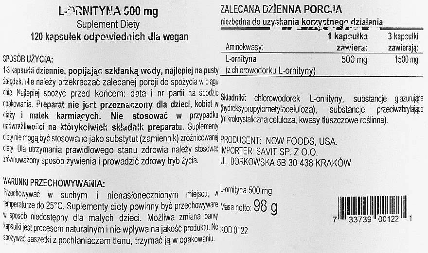 Suplement diety L-ornityna, 500 mg - Now Foods L-Ornithine Veg Capsules — Zdjęcie N2