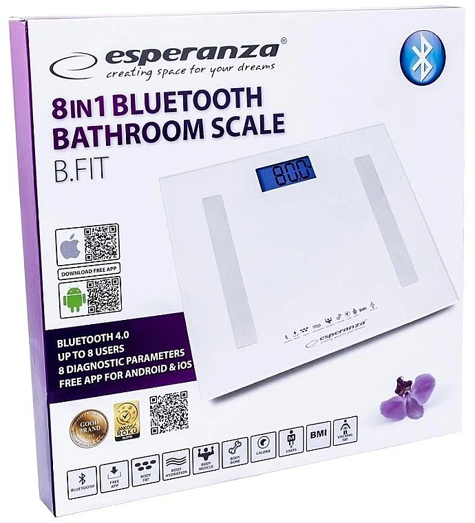 Waga diagnostyczna, biała - Esperanza 8 In 1 Bluetooth Bathroom Scale B.Fit EBS016W — Zdjęcie N2