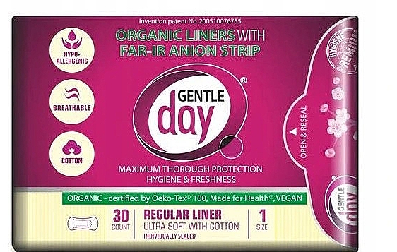 Podpaski higieniczne z paskiem anionowym, 30 sztuk - Gentle Day Organic Liners With Far-Ir Anion Strips — Zdjęcie N1