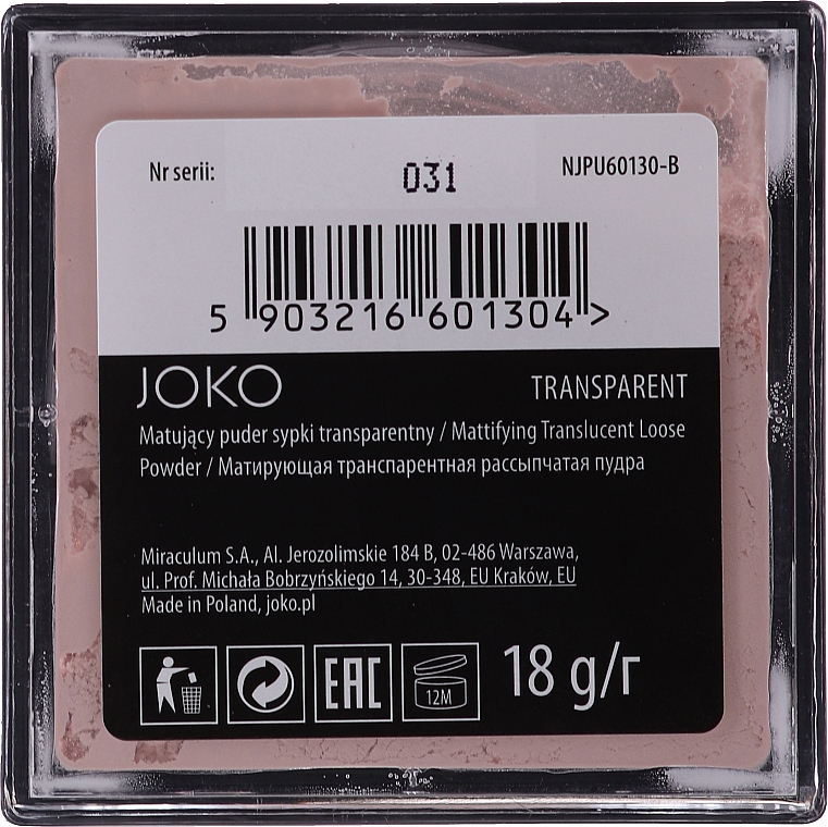 Matujący sypki puder transparentny - Joko Mattifying Transparent Loose Powder  — Zdjęcie N2