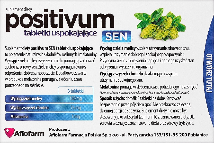 Suplement diety w tabletkach - Aflofarm Positivum Sen — Zdjęcie N2