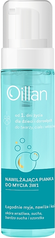 Nawilżająca pianka do mycia 3 w 1 dla dorosłych i dzieci od 1. dnia życia - Oillan — Zdjęcie N1