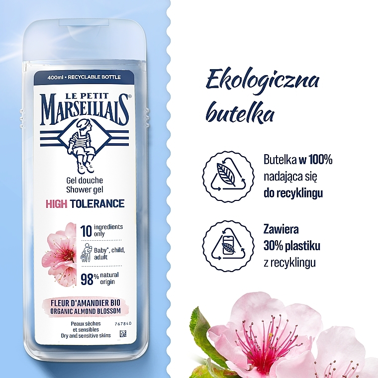Delikatny żel pod prysznic o wysokiej tolerancji z kwiatem migdału BIO - Le Petit Marseillais High Tolerance Almond Blossom Softening Shower Gel — Zdjęcie N5