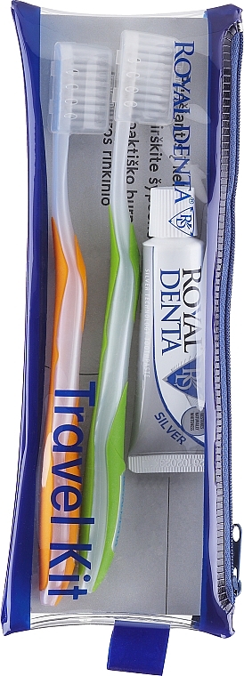 Zestaw, opcja 1 - Royal Denta Travel Kit Silver (toothbrush/2pcs + toothpaste/20g + cosmetic bag/1pc) — Zdjęcie N1