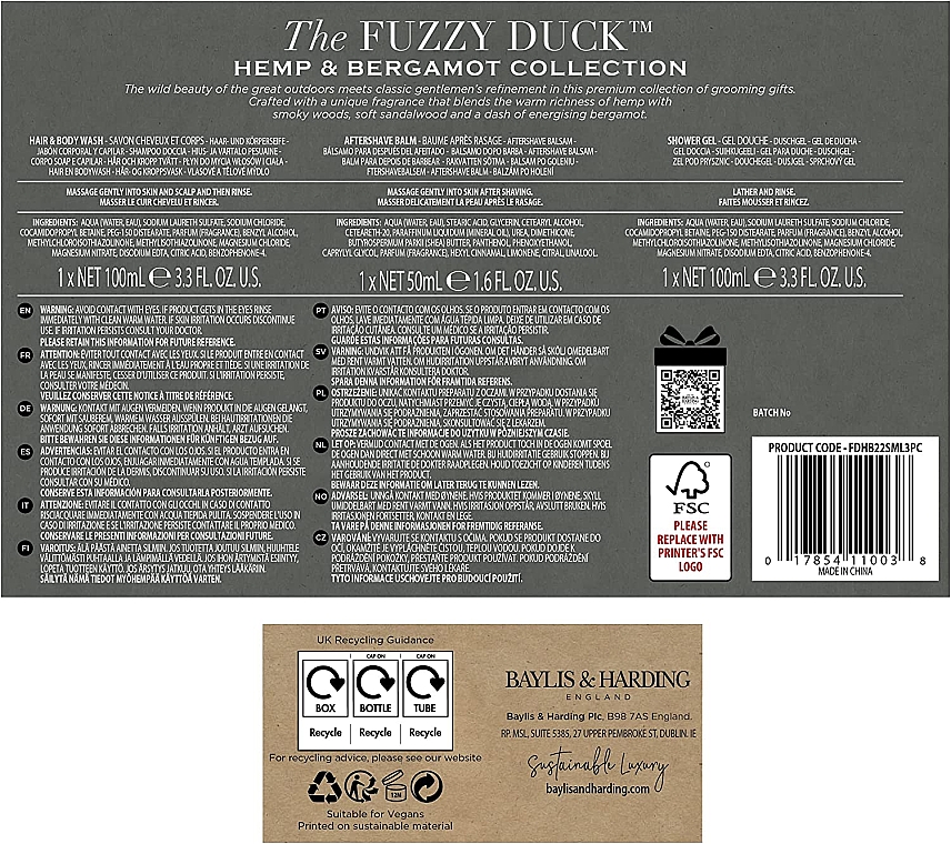 Zestaw - Baylis & Harding The Fuzzy Duck Hemp & Bergamot (sh/gel/100ml + b/wash/100ml + ash/balm/50ml) — Zdjęcie N3
