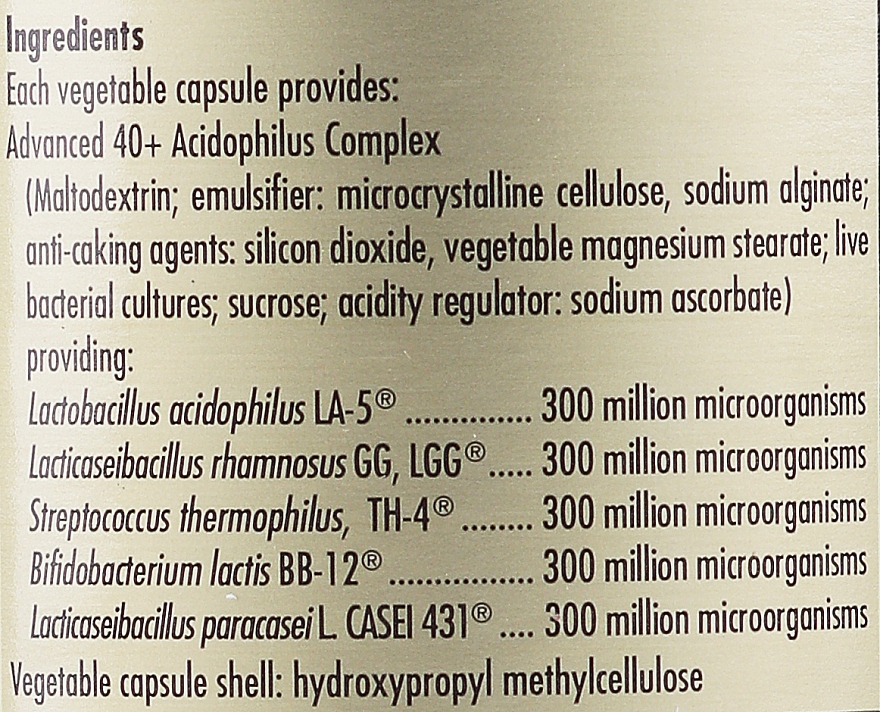 Probiotyk w kapsułkach wspierający florę jelitową - Solgar Advanced 40+ Acidophilus Food Supplement — Zdjęcie N5