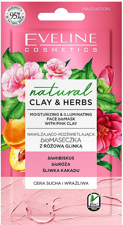 Nawilżająco-rozświetlająca maseczka z różową glinką - Eveline Cosmetics Natural Clay & Herbs 