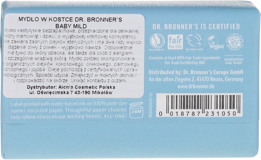 Mydło w kostce dla dzieci - Dr Bronner’s Pure Castile Bar Soap Baby-Mild — Zdjęcie N2