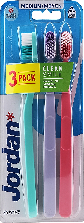 Szczoteczki do zębów, średnio twarde, turkusowa + liliowa + różowa - Jordan Clean Smile Medium — Zdjęcie N1