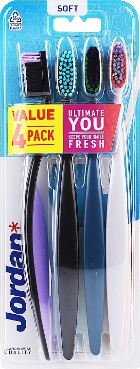 Miękka szczoteczka do zębów, 4 szt., czarno-fioletowa+czarna+niebieska+biała - Jordan Ultimate You Soft Toothbrush — Zdjęcie N1