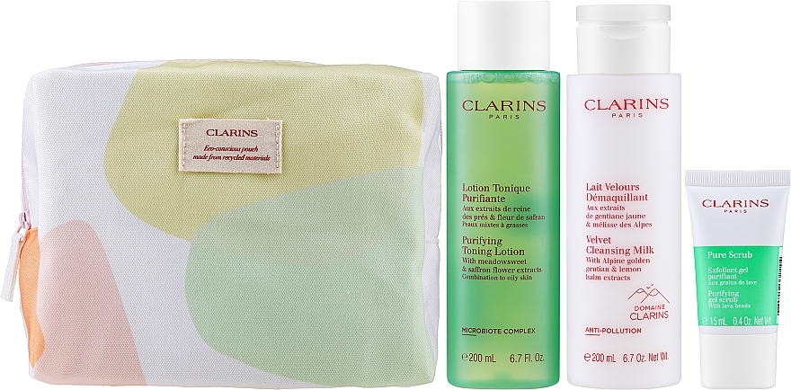 Zestaw - Clarins Cleansing Bag Combination & Oily Skin (cl milk/200ml + f/lot/200ml + f/scr/15ml + bag/1pc) — Zdjęcie N2