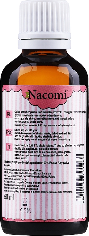 Olej ze słodkich migdałów - Nacomi Sweet Almond Oil — Zdjęcie N2