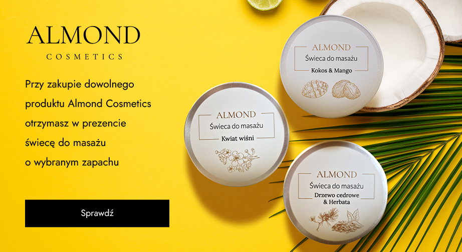 Przy zakupie dowolnego produktu Almond Cosmetics otrzymasz w prezencie świecę do masażu o wybranym zapachu.
