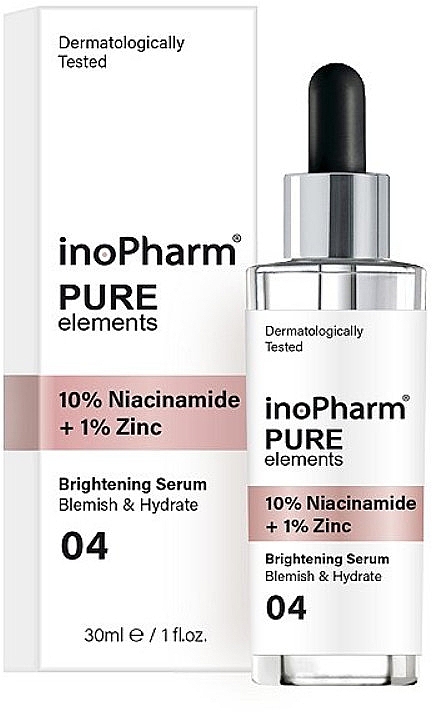 Serum do twarzy z 10% niacynamidem i 1% cynkiem - InoPharm Pure Elements 10% Niacinamide + 1% Zinc Brightening Serum — Zdjęcie N1