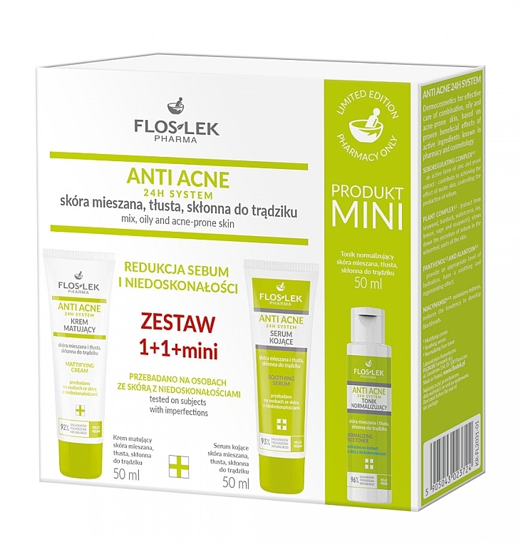Zestaw - Floslek Anti Acne 24h System Set (f/cr/50ml + f/ser/50ml + f/toner/50ml) — Zdjęcie N1