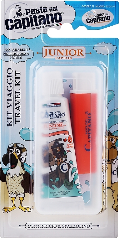 PRZECENA! Zestaw z pomarańczowa szczoteczką - Pasta Del Capitano Junior Travel Kit 6+ Soft (toothpast/25ml + toothbrush/1pc) * — Zdjęcie N1