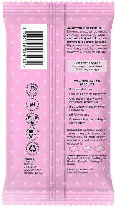 Delikatne chusteczki do higieny intymnej Łagodność i ochrona mikroflory, 15 szt. - AA Intimate Pure Pastels Delicate Wipes — Zdjęcie N2