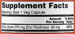 Suplement diety w kapsułkach z cynkiem, 50 mg - Now Foods Zinc Picolinate 50mg Veg Capsules — Zdjęcie N5