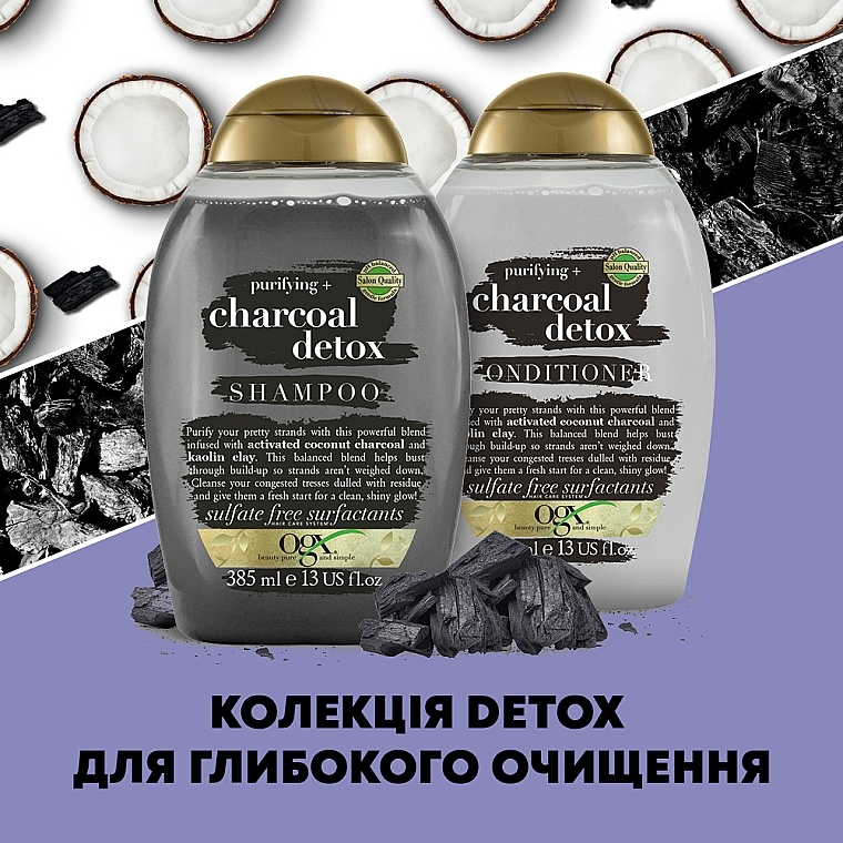 Głęboko oczyszczający szampon do włosów z węglem kokosowym i kaolinem - OGX Purifying+ Charcoal Detox Shampoo — Zdjęcie N9