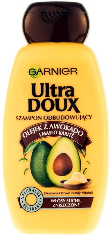 Szampon odbudowujący do włosów suchych i zniszczonych - Garnier Ultra Doux Olejek z awokado i masło karite — Zdjęcie N1