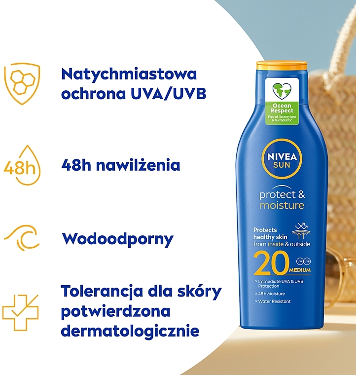 Wodoodporny balsam do opalania - NIVEA SUN Protect & Moisture Sun Lotion SPF20 48H Moisture — Zdjęcie N4