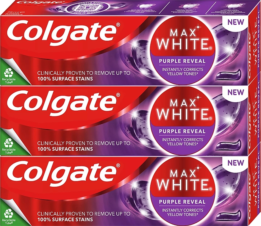 Zestaw - Colgate Max White Purple Reveal Toothpaste Set (toothpaste/3x75ml) — Zdjęcie N1
