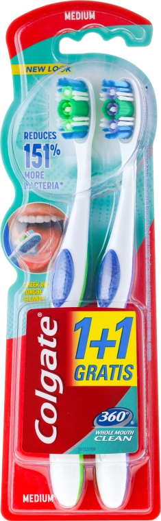 Szczoteczki do zębów, średnia twardość, niebieska + zielona - Colgate 360° Whole Mouth Clean — Zdjęcie N1