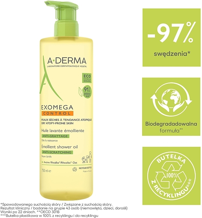 Zmiękczający olejek pod prysznic - A-Derma Exomega Control Emollient Shower Oil — Zdjęcie N6