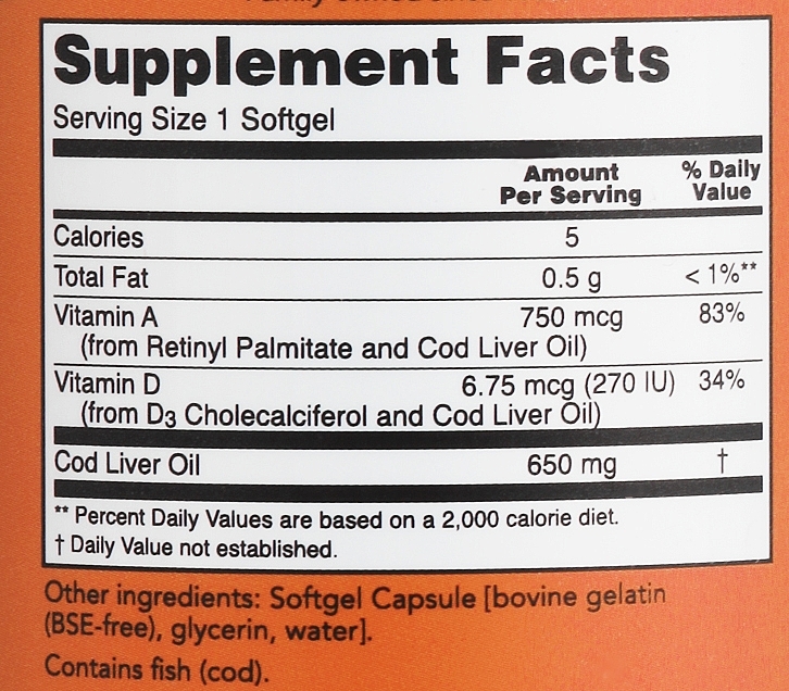 Tran z wątroby dorsza w kapsułkach 650 mg - Now Foods Cod Liver Oil  — Zdjęcie N2