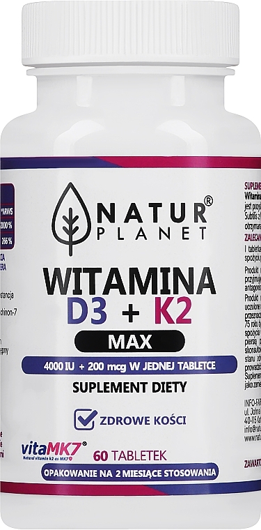 Witamina D3+K2, w tabletkach - NaturPlanet Vitamin D3 + K2 Max 4000IU + 200 mcg — Zdjęcie N1