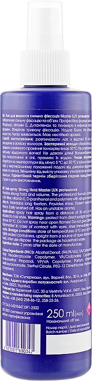 Silnie utrwalający lakier do włosów - Master LUX Professional Strong Hair Spray — Zdjęcie N2