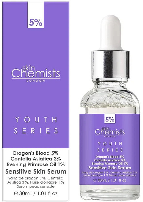 Serum do twarzy - Skin Chemists Youth Series Dragon's Blood 5%, Centella Asistica 3%, Evening Primrose Oil 1% Sensitive Skin Serum — Zdjęcie N1
