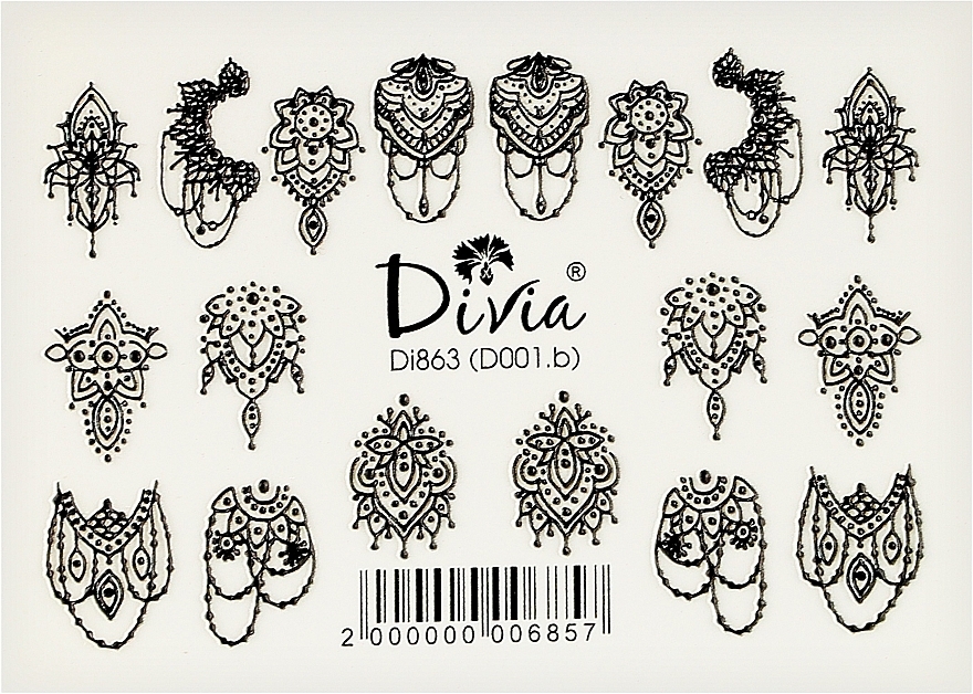 Naklejki na paznokcie, czarno-białe, Di863 - Divia Nail stickers "3D" black and white, Di863
