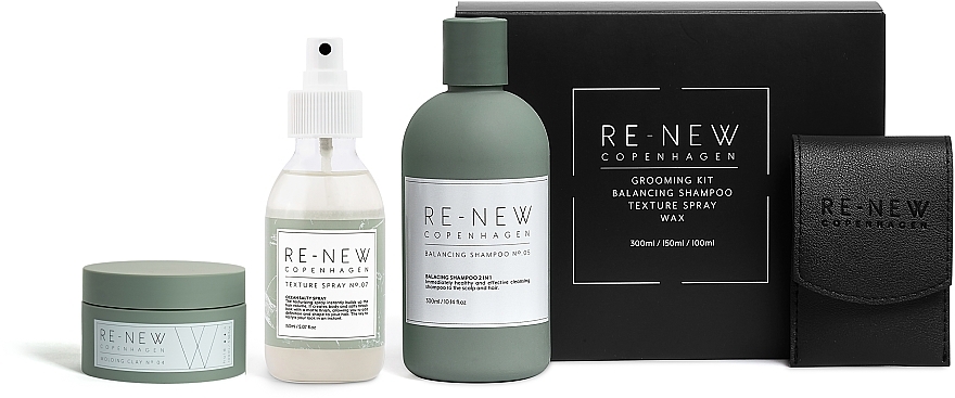 Zestaw, 4 produkty - Re-New Copenhagen Essential Grooming Kit (Balancing Shampoo №05 + Texture Spray №07 + Molding Clay №04) — Zdjęcie N1