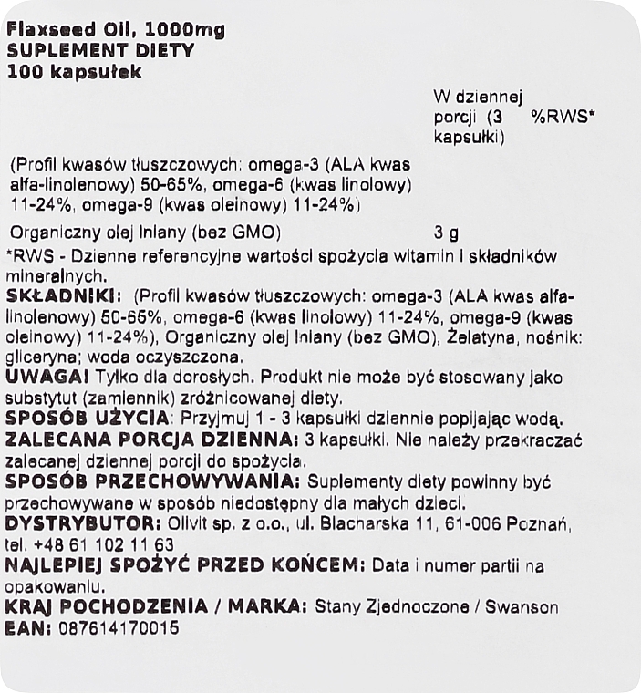 Suplement diety Olej lniany - Swanson Flaxseed Oil High Lignan — Zdjęcie N2