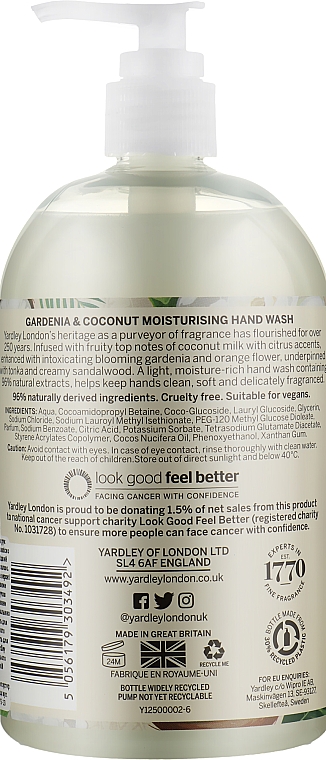 Nawilżające mydło w płynie do rąk Gardenia i kokos - Yardley Gardenia & Coconut Moisturising Hand Wash — Zdjęcie N2