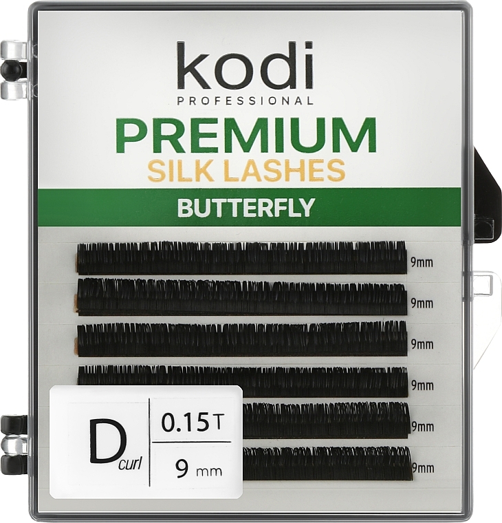 Sztuczne rzęsy Butterfly Green D 0.15 (6 rzędów: 9 mm) - Kodi Professional — Zdjęcie N1