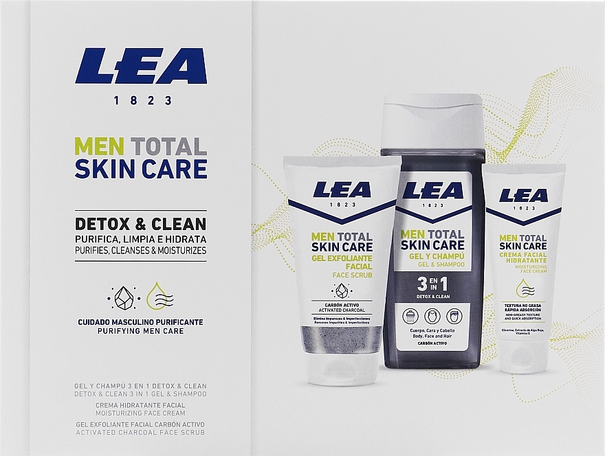 Zestaw - Lea Men Total Skin Care Detox & Clen (sh/gel/300ml + f/cr/75ml + f/scrub/150ml) — Zdjęcie N1