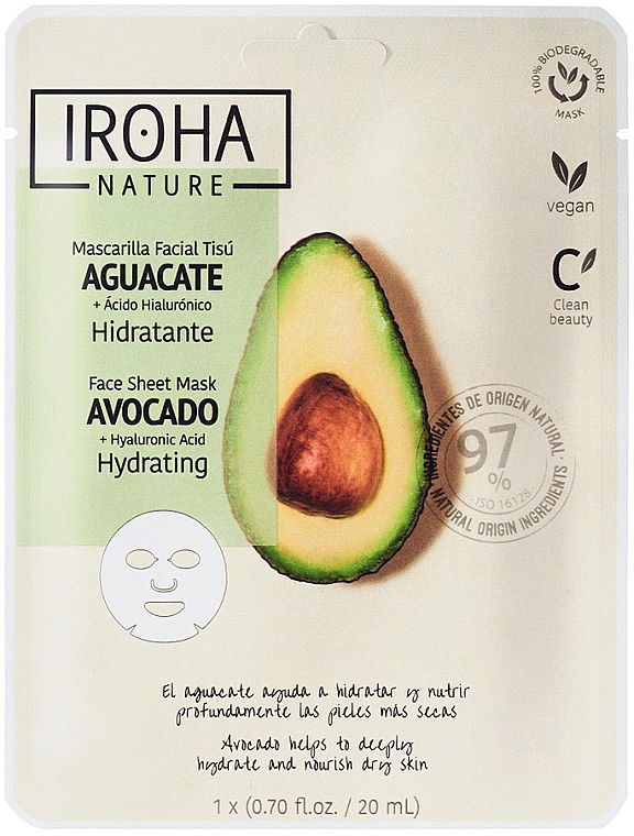 Maska w płachcie - Iroha Nature Avocado + Hyaluronic Acid Face Sheet Mask — Zdjęcie N1