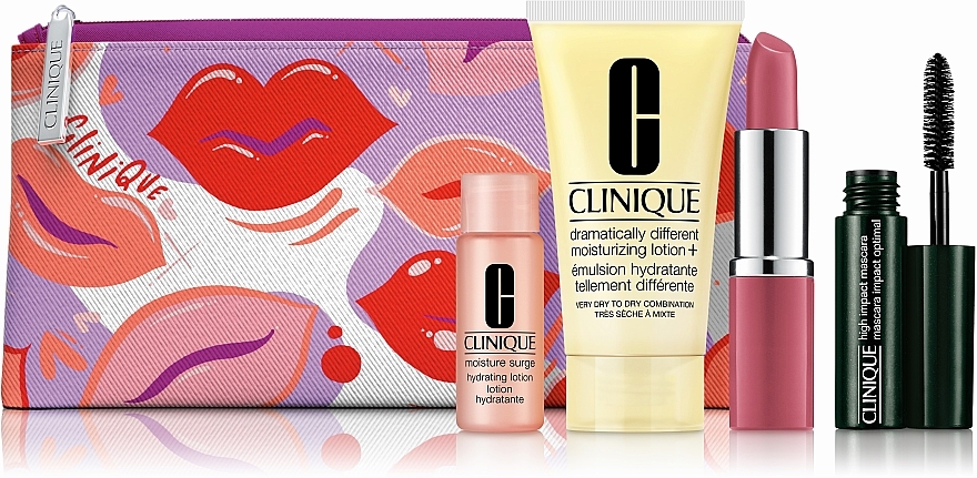 PREZENT! Zestaw 4 produktów w kosmetyczce - Clinique (lot 30 ml + lot 7 ml+ lipstick 3,8 g + mascara 3,5 ml) — Zdjęcie N1
