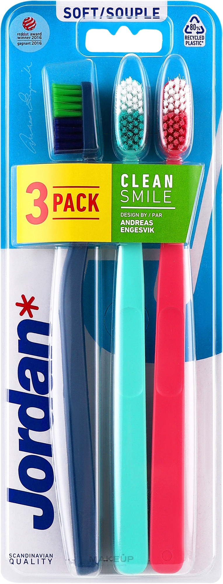 Szczoteczki do zębów miękkie, granatowa + miętowa + różowa - Jordan Clean Smile Soft — Zdjęcie 3 szt.
