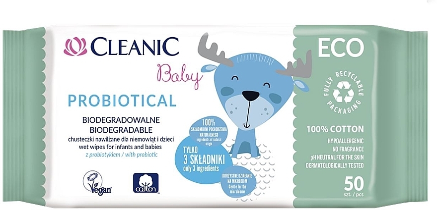 Chusteczki nawilżane dla niemowląt, 50 szt. - Cleanic Eco Baby Probiotical — Zdjęcie N1
