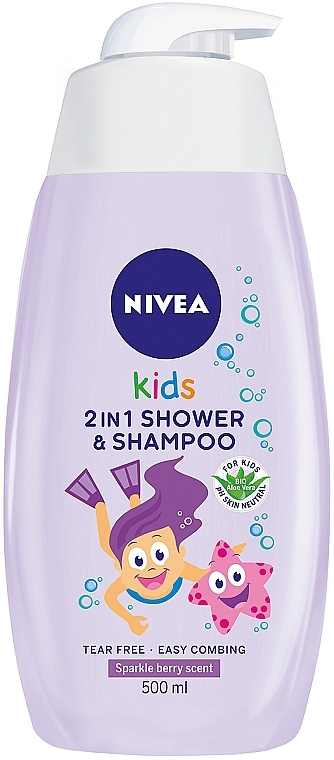Żel pod prysznic i szampon bez łez 2 w 1 dla dzieci ułatwiający rozczesywanie włosów Lśniąca jagoda - NIVEA Kids Sparkle Berry