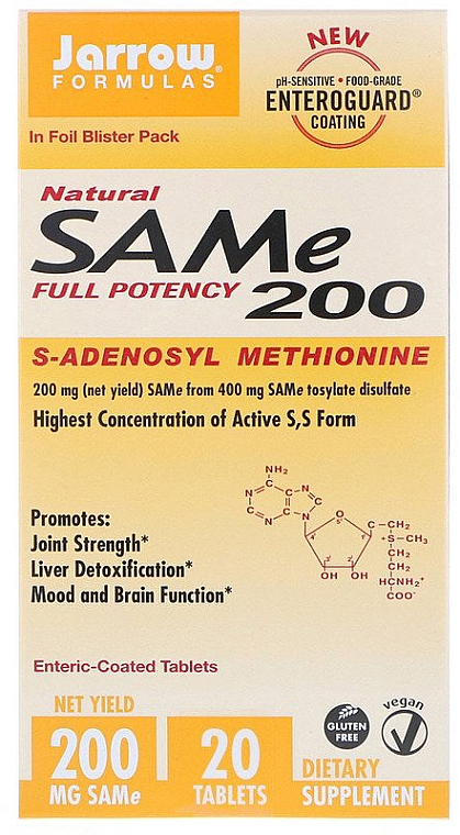 Suplement diety S-adenozylometionina w tabletkach - Jarrow Formulas SAM-e 200 (S-Adenosyl-L-Methionine) 200 mg, 20 Tablets — Zdjęcie N1
