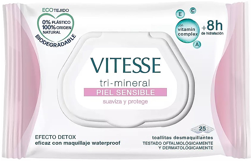 Chusteczki do demakijażu do skóry wrażliwej, 25 szt. - Vitesse Make Up Remover Wipes Vitesse Tri-Mineral Sensitive Skin — Zdjęcie N1