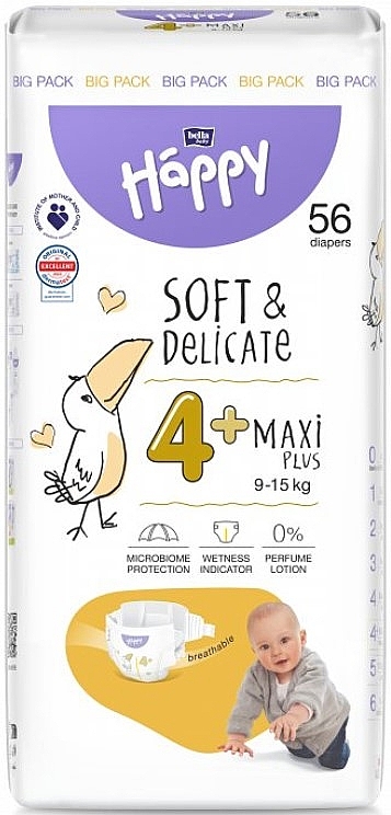 Pieluchy dziecięce 9-15 kg, rozmiar 4+ Maxi Plus, 56 szt. - Bella Baby Happy Soft & Delicate — Zdjęcie N1