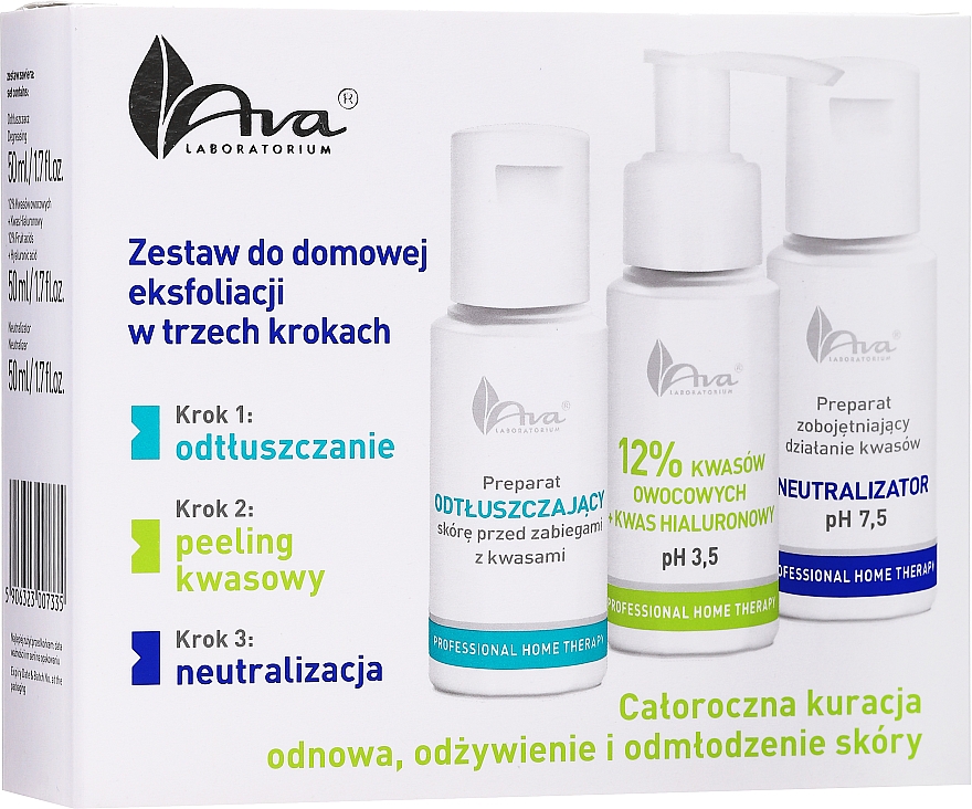 Zestaw do domowej eksfoliacji w trzech krokach - AVA Laboratorium Professional Home Therapy (lot/50ml + peeling/50ml + neutrolizer/50ml) — Zdjęcie N1