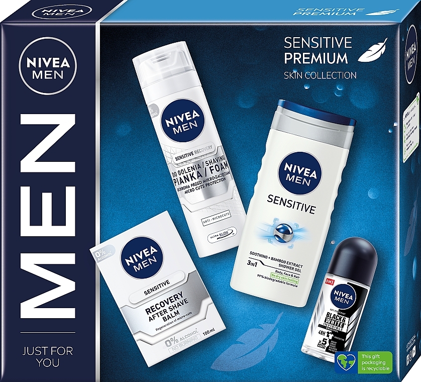 Zestaw - NIVEA MEN Sensitive Premium (sh/gel/250ml + deo/50ml + ash/balm/100ml + foam/200ml) — Zdjęcie N1