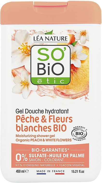 Nawilżający żel pod prysznic Brzoskwinia i białe kwiaty - So'Bio Etic Moisturising Peach & White Flowers Shower Gel — Zdjęcie N1